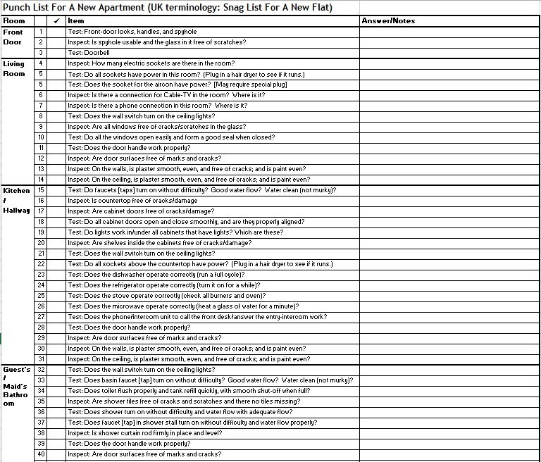 Construction Punch List example